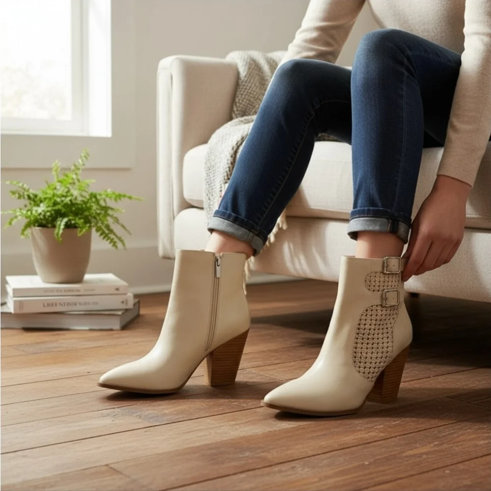 Steve Madden LEATHER Modern Buckle Weaved Western Boots Bootie 10 M Ivory Bone